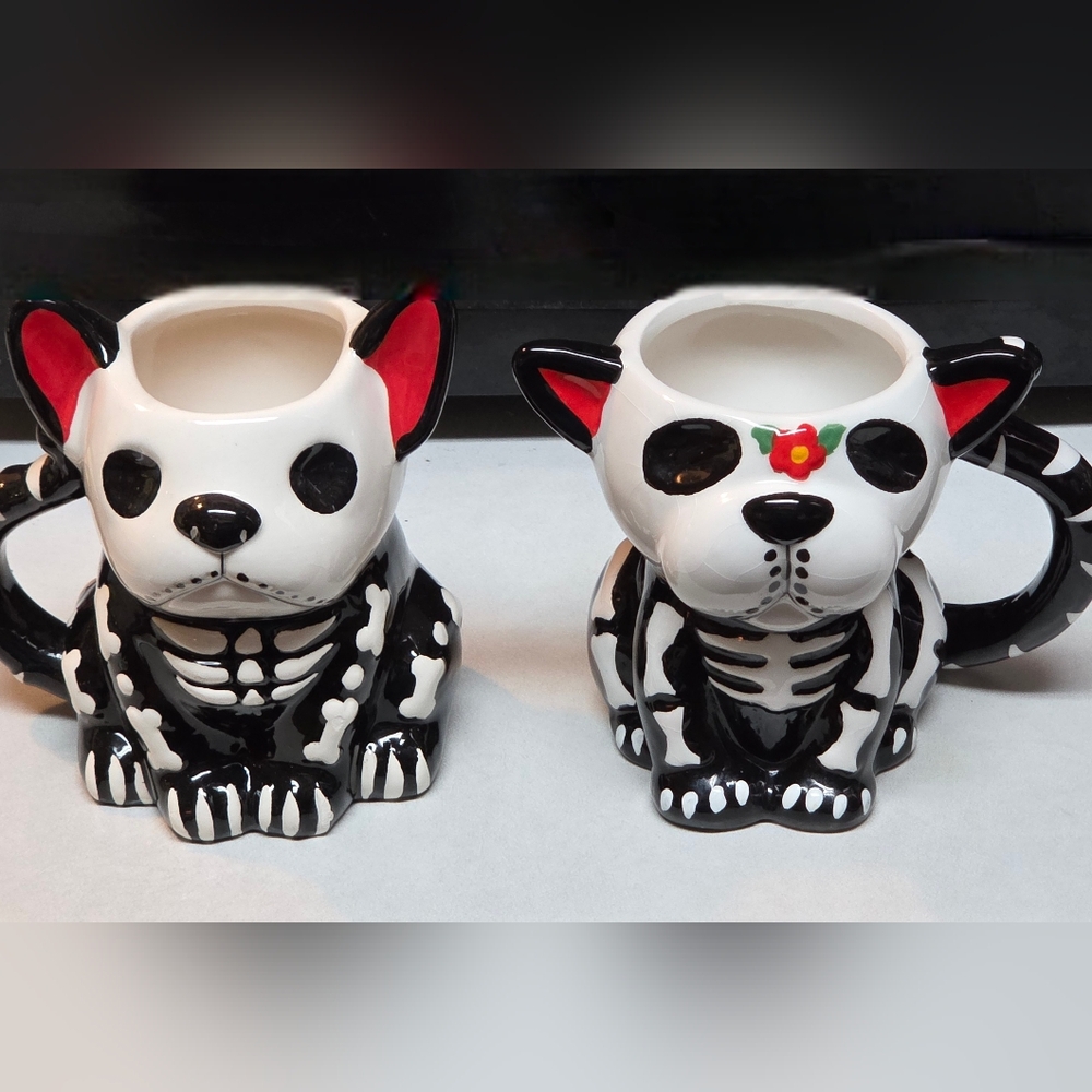 Sugar Skull Day Of Dead Skeleton Dog Mugs Set Of 2